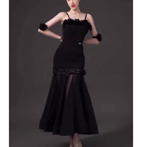 Women black ballroom dance dresses for girls ruffles waltz tango foxtrot smooth dance long gown for female